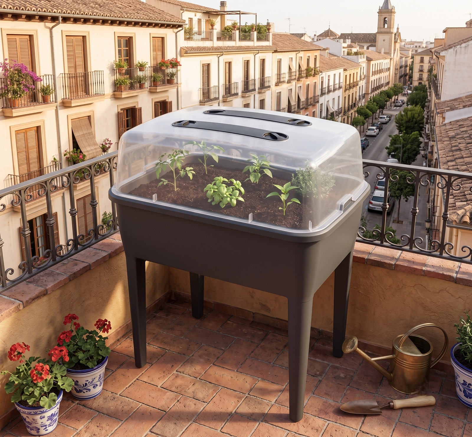 mesa de cultivo con invernadero